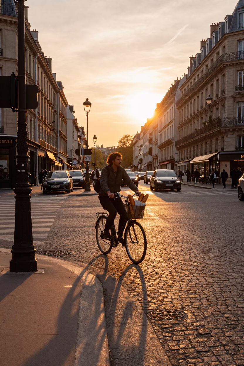 Street Corner in Paris at Copper-toned Light Before Dusk in in Paris, France