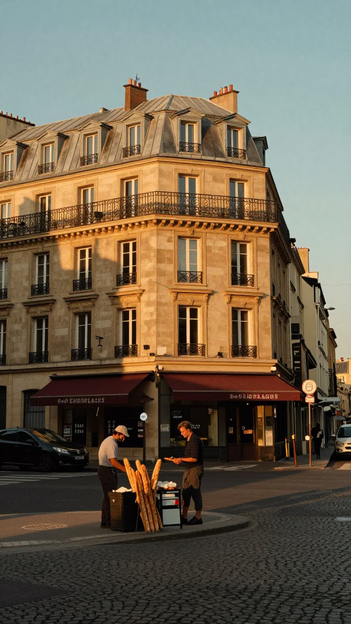 Street Corner in Paris at Sunset Light in in Paris, France