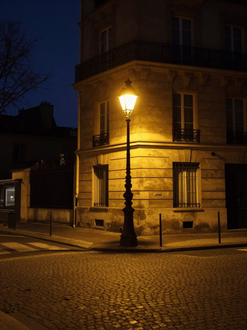 Street Corner in Paris at The Deepest Night Sky Light in in Paris, France