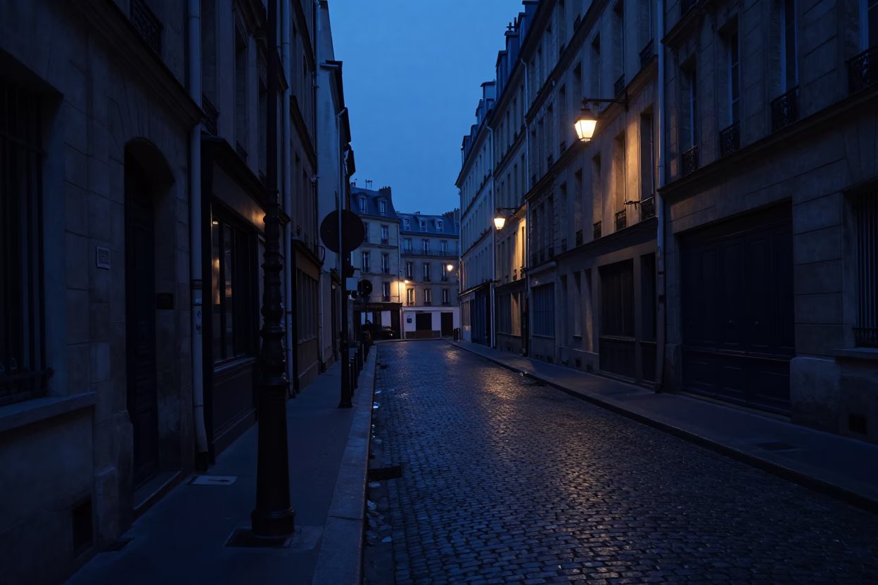 Street Corner in Paris at The Predawn Darkness Light in in Paris, France
