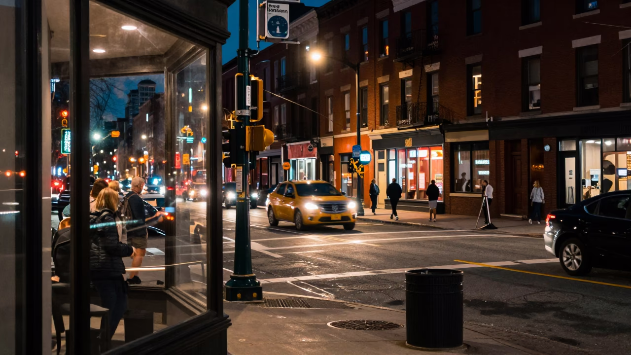 Street Corner in Philadelphia at As City Lights Begin To Glow in in Philadelphia, Pennsylvania, United States