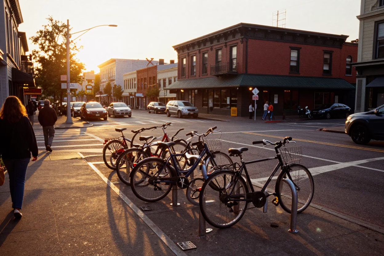 Street Corner in Portland at Honeyed Evening Light in in Portland, Oregon, United States