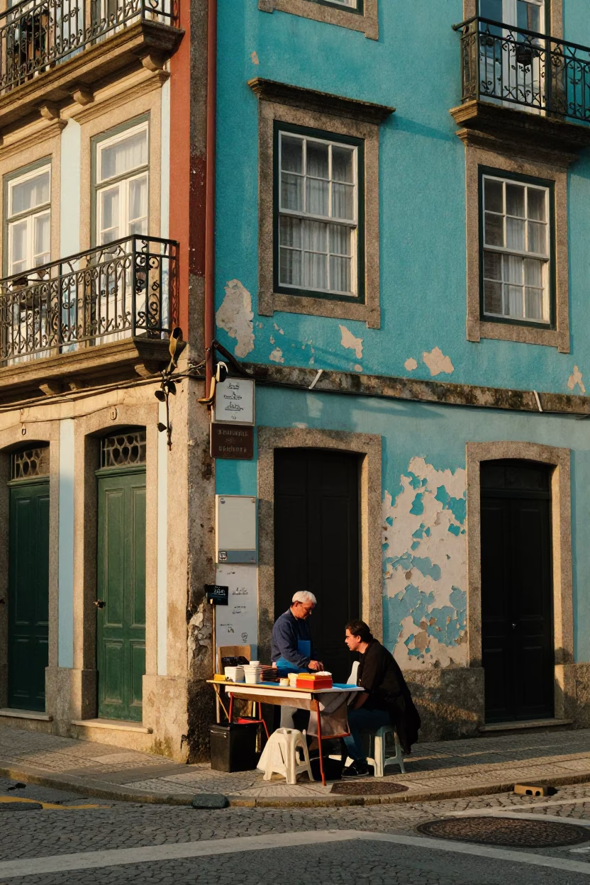 Street Corner in Porto at Honeyed Evening Light in in Porto, Portugal