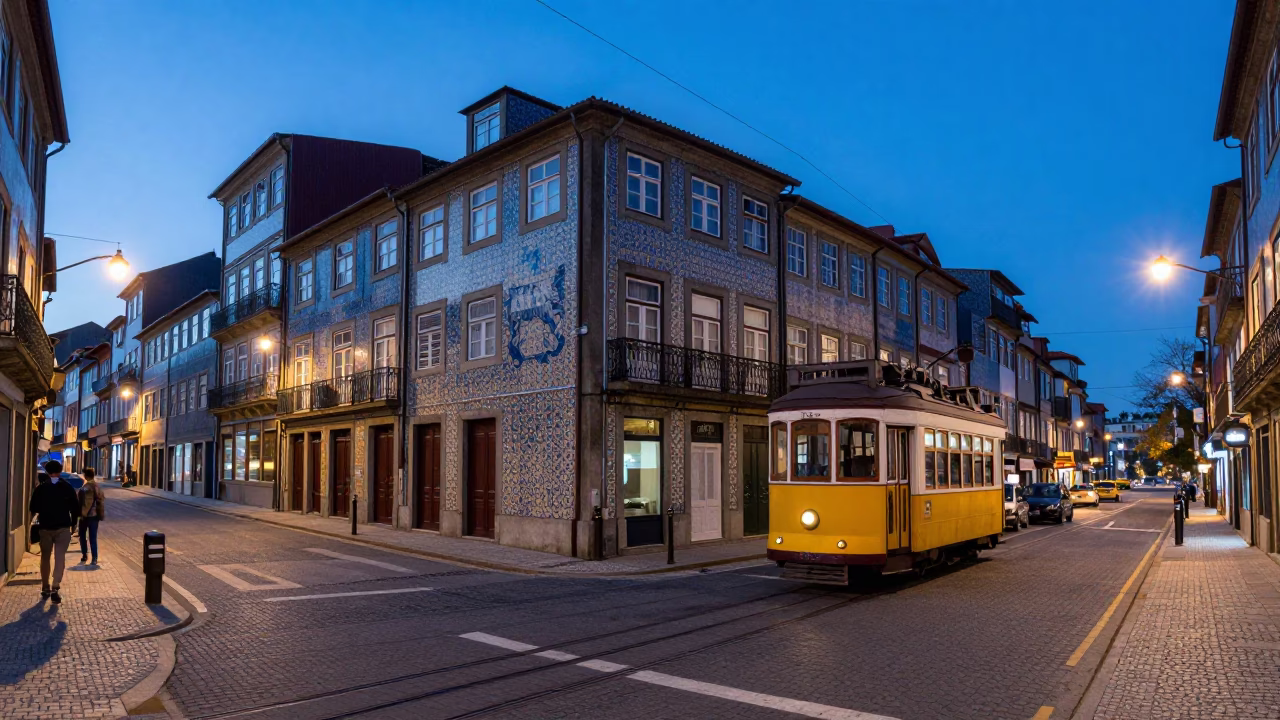 Street Corner in Porto at Indigo Twilight After Sunset in in Porto, Portugal