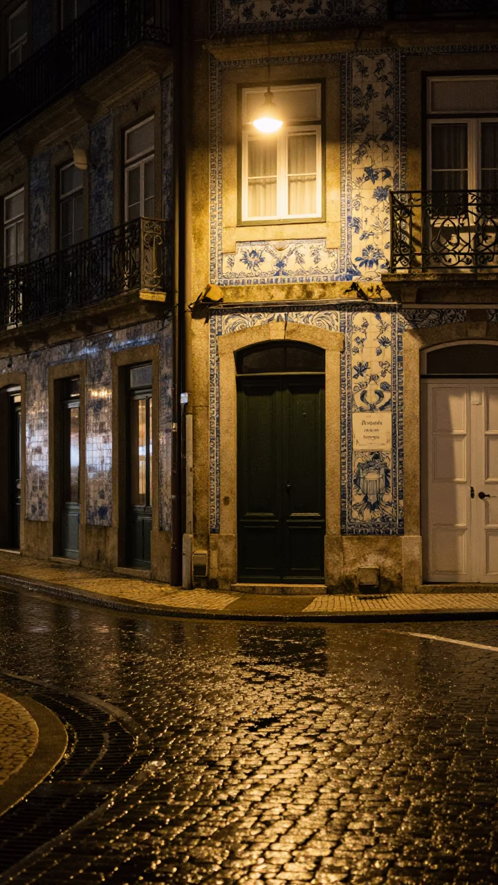 Street Corner in Porto at Late At Night Light in in Porto, Portugal