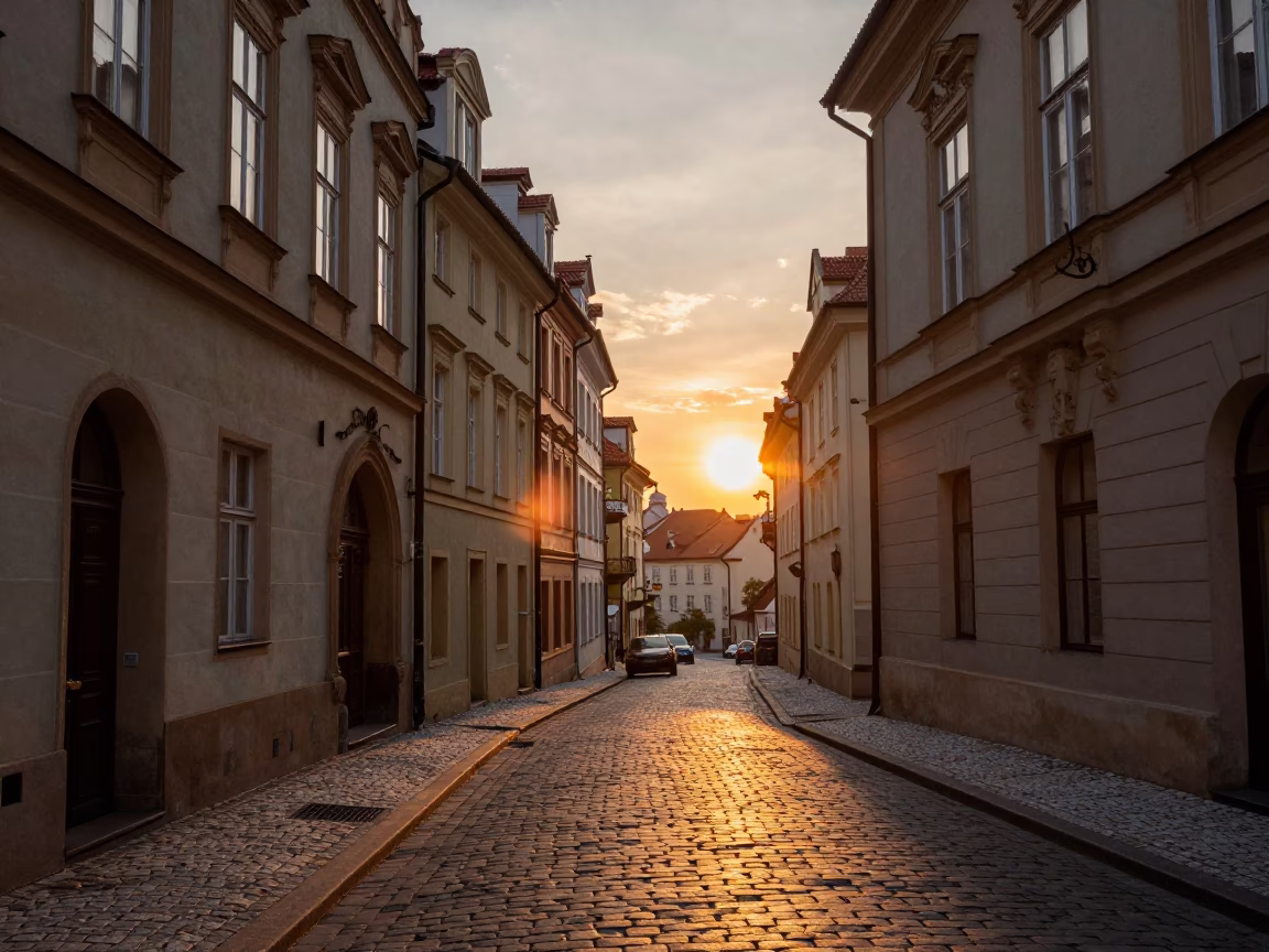 Street Corner in Prague at As The Sun Drops Toward The Horizon in in Prague, Czech Republic