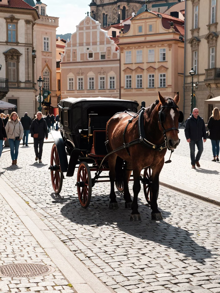 Street Corner in Prague at Bright Midmorning Light in in Prague, Czech Republic