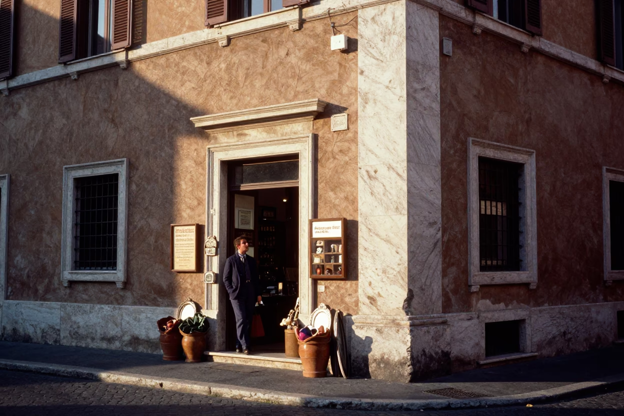 Street Corner in Rome at As First Light Reaches The Scene in in Rome, Italy