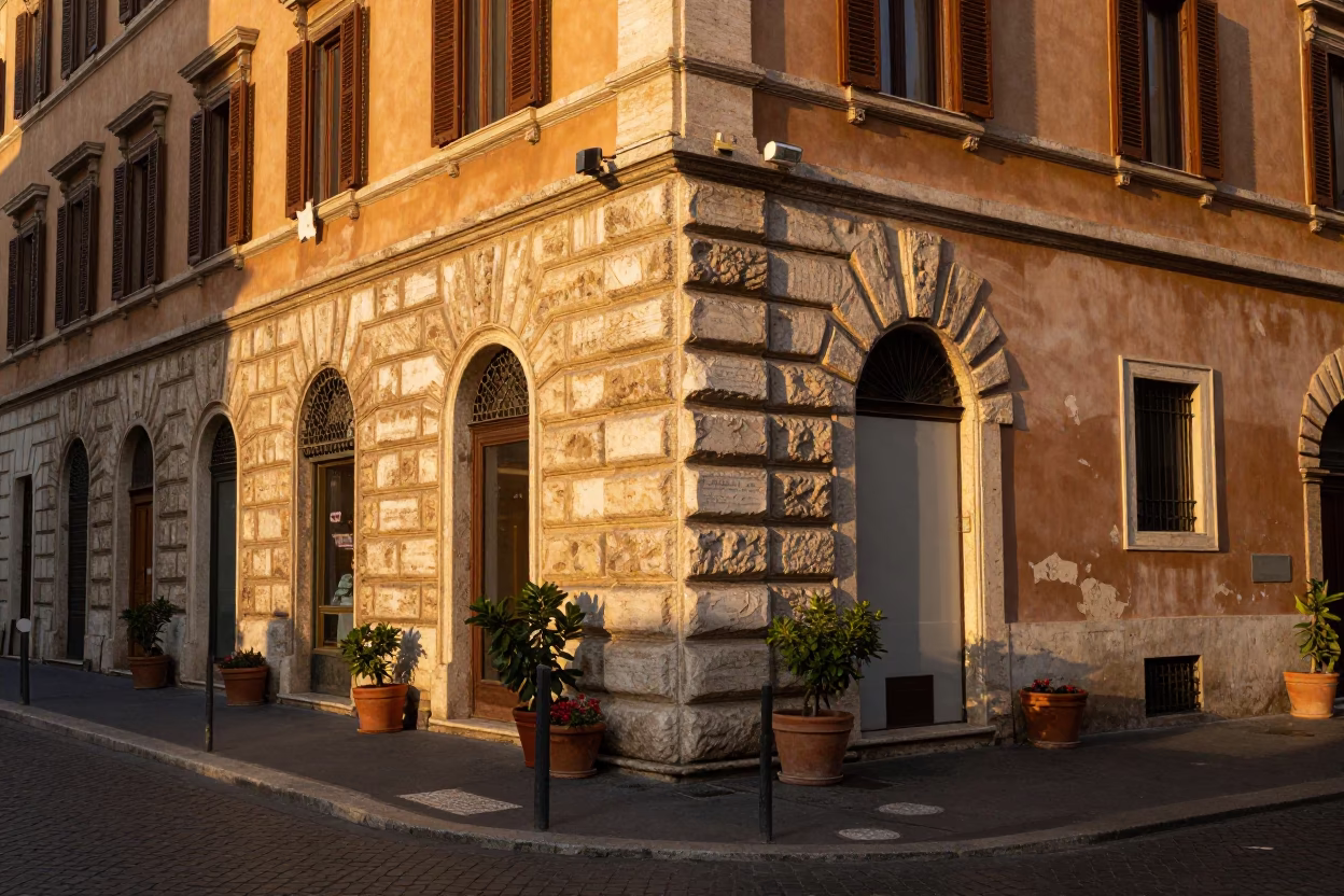Street Corner in Rome at Honeyed Evening Light in in Rome, Italy