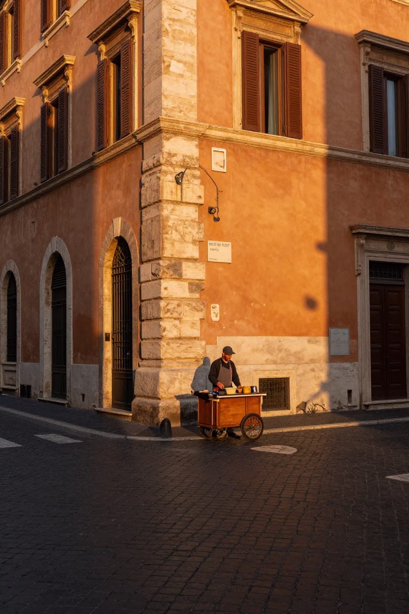 Street Corner in Rome at Sunset Light in in Rome, Italy