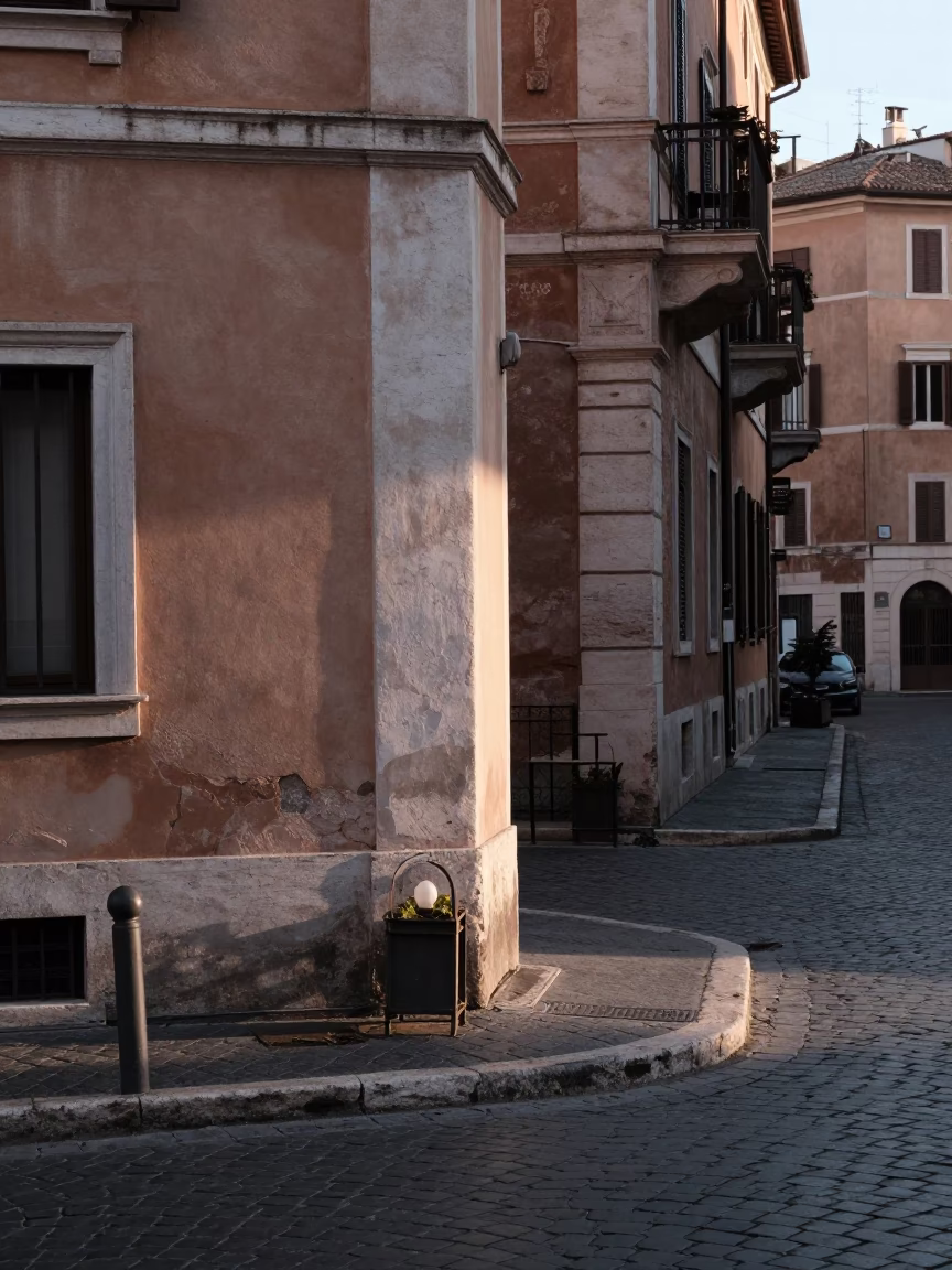 Street Corner in Rome at The Early Morning Light in in Rome, Italy