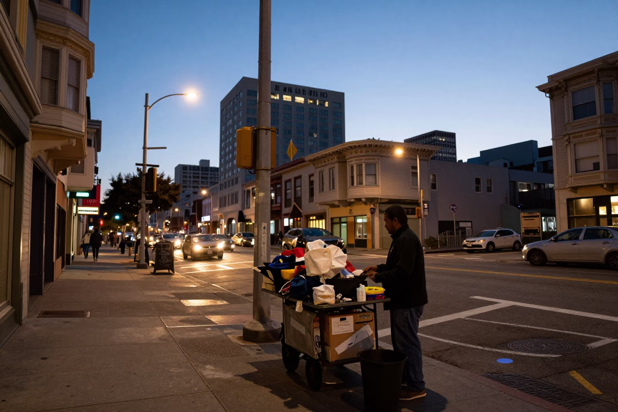 Street Corner in San Francisco at As City Lights Begin To Glow in in San Francisco, California, United States