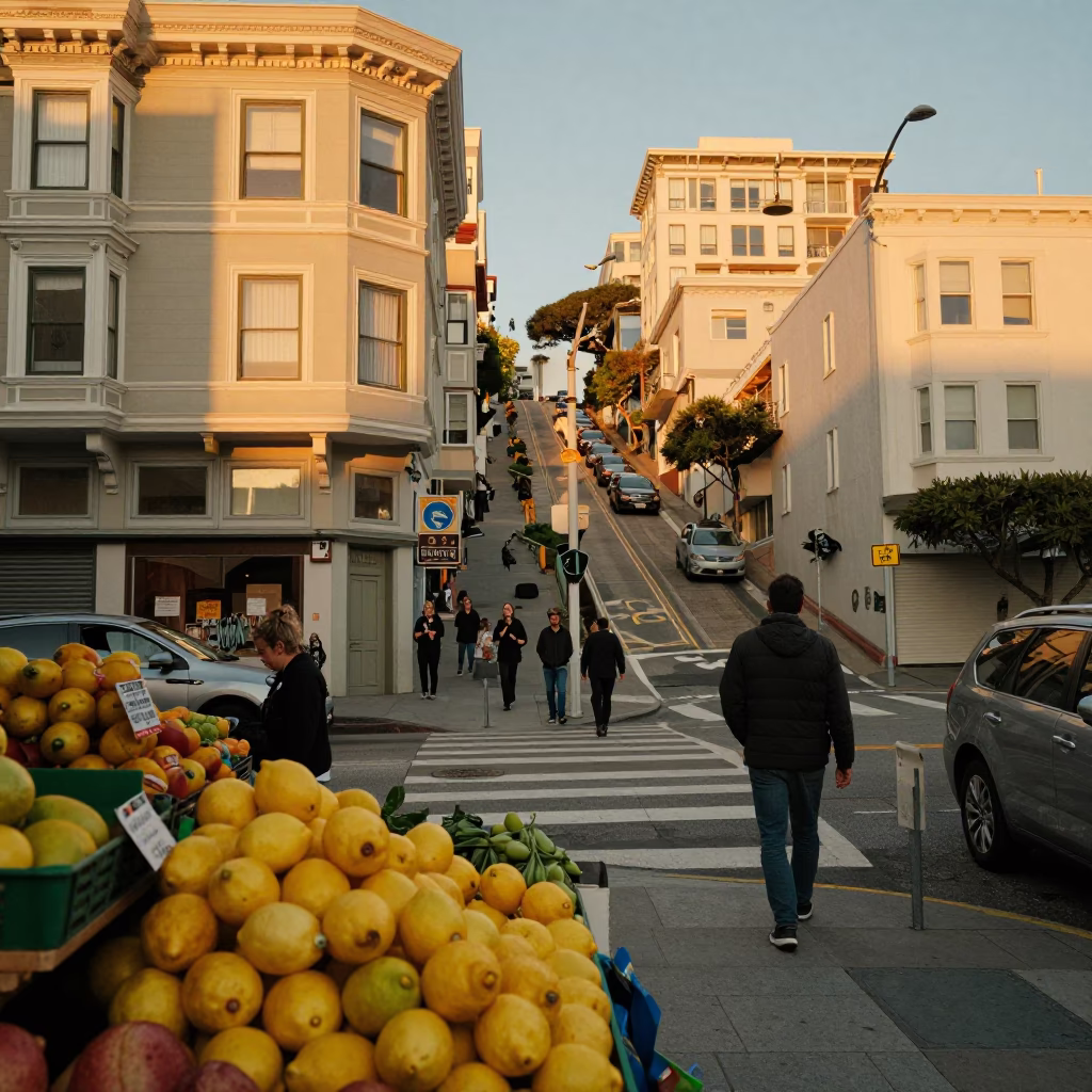 Street Corner in San Francisco at Honeyed Evening Light in in San Francisco, California, United States