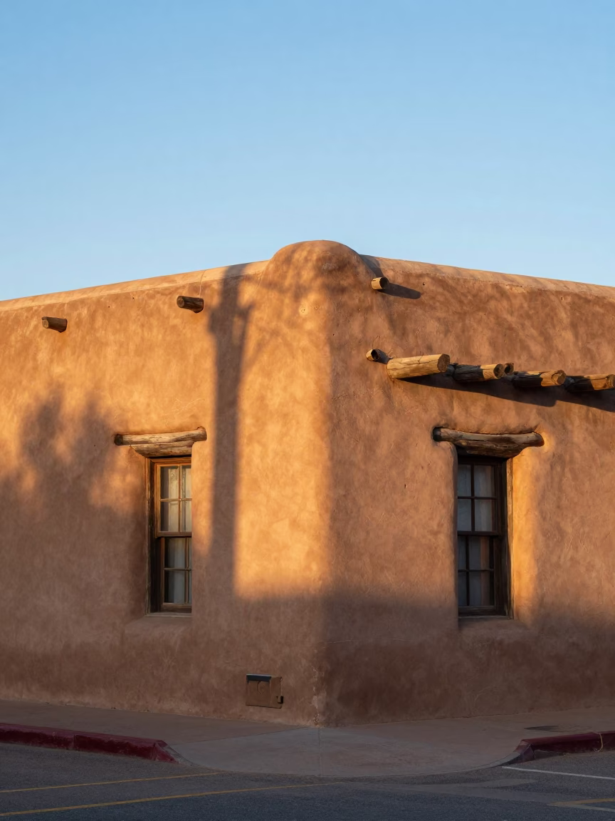 Street Corner in Santa Fe at As First Light Reaches The Scene in in Santa Fe, New Mexico, United States