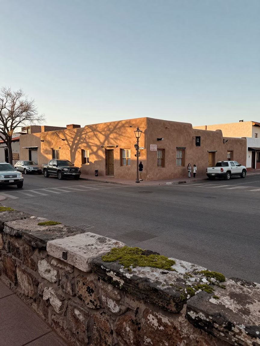 Street Corner in Santa Fe at Clear Late-afternoon Light in in Santa Fe, New Mexico, United States