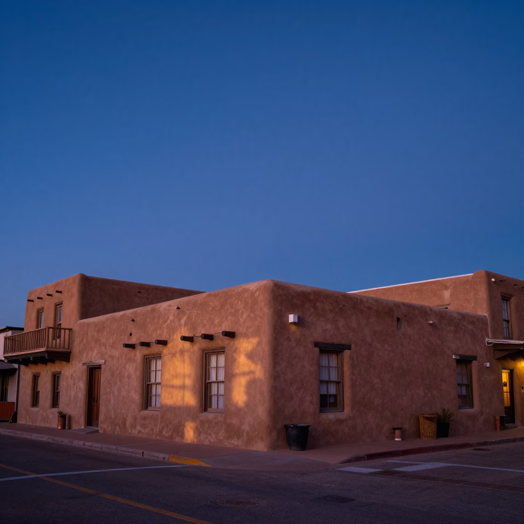 Street Corner in Santa Fe at Indigo Twilight After Sunset in in Santa Fe, New Mexico, United States