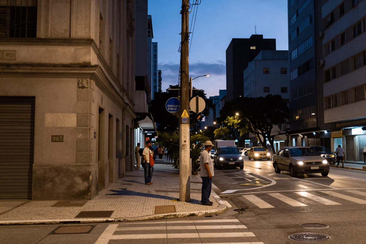 Street Corner in São Paulo at The Last Blue Light Of Evening in in São Paulo, Brazil