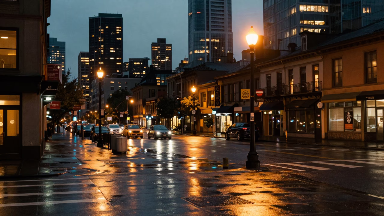 Street Corner in Seattle at As City Lights Begin To Glow in in Seattle, Washington, United States