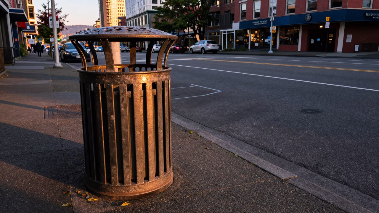 Street Corner in Seattle at Copper-toned Light Before Dusk in in Seattle, Washington, United States