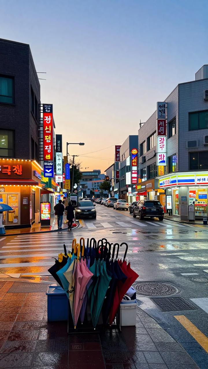 Street Corner in Seoul at First Light Of Dawn in in Seoul, South Korea