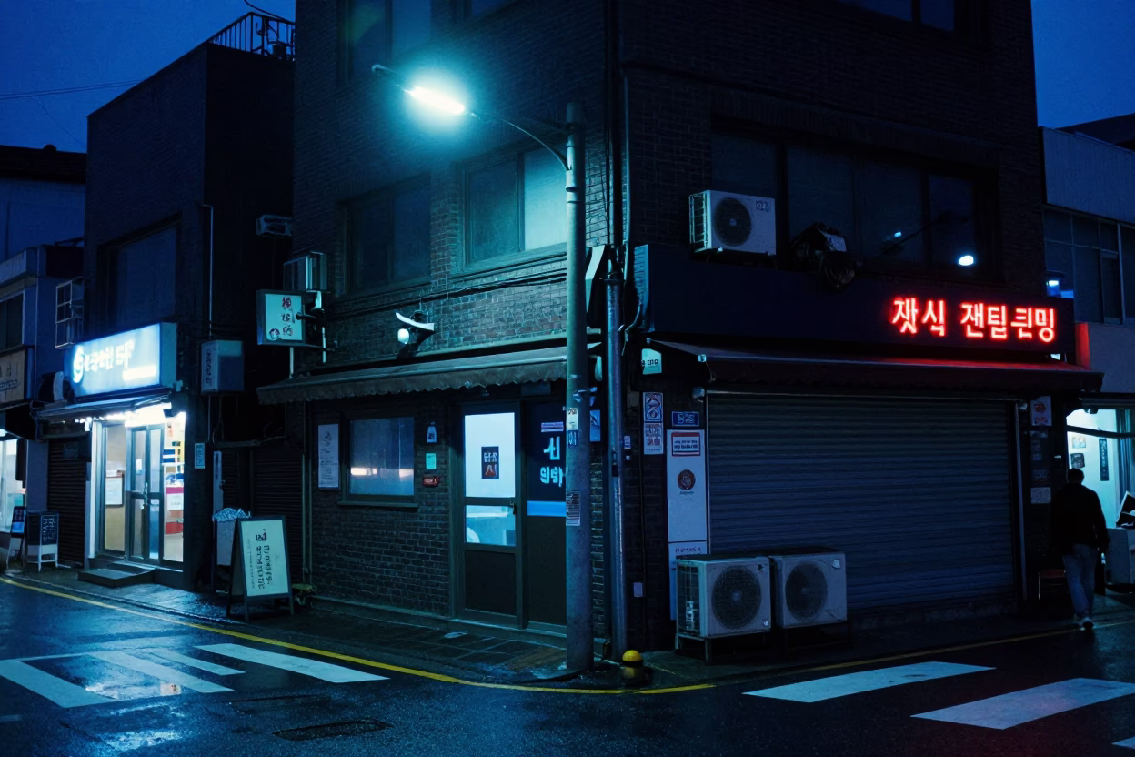 Street Corner in Seoul at Midnight Light in in Seoul, South Korea