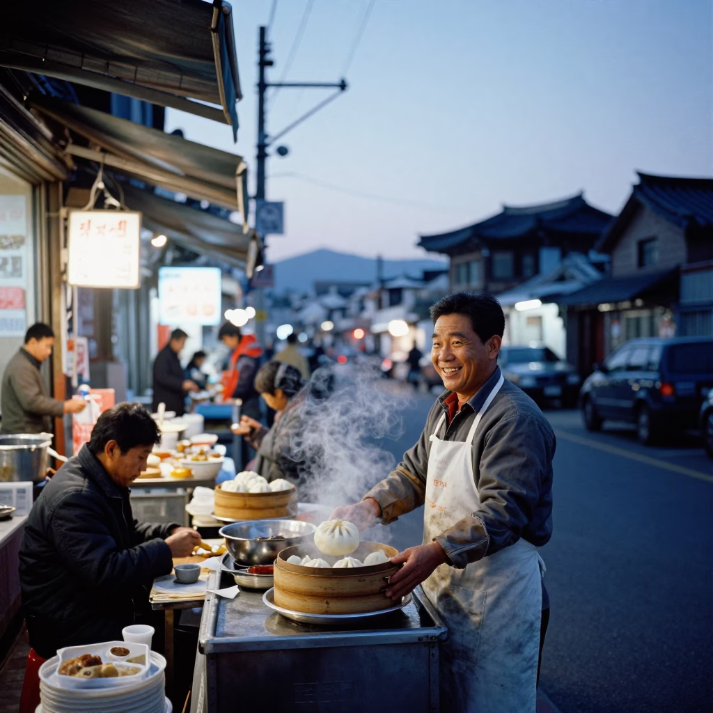 Street Corner in Seoul at Nautical Dawn Light in in Seoul, South Korea