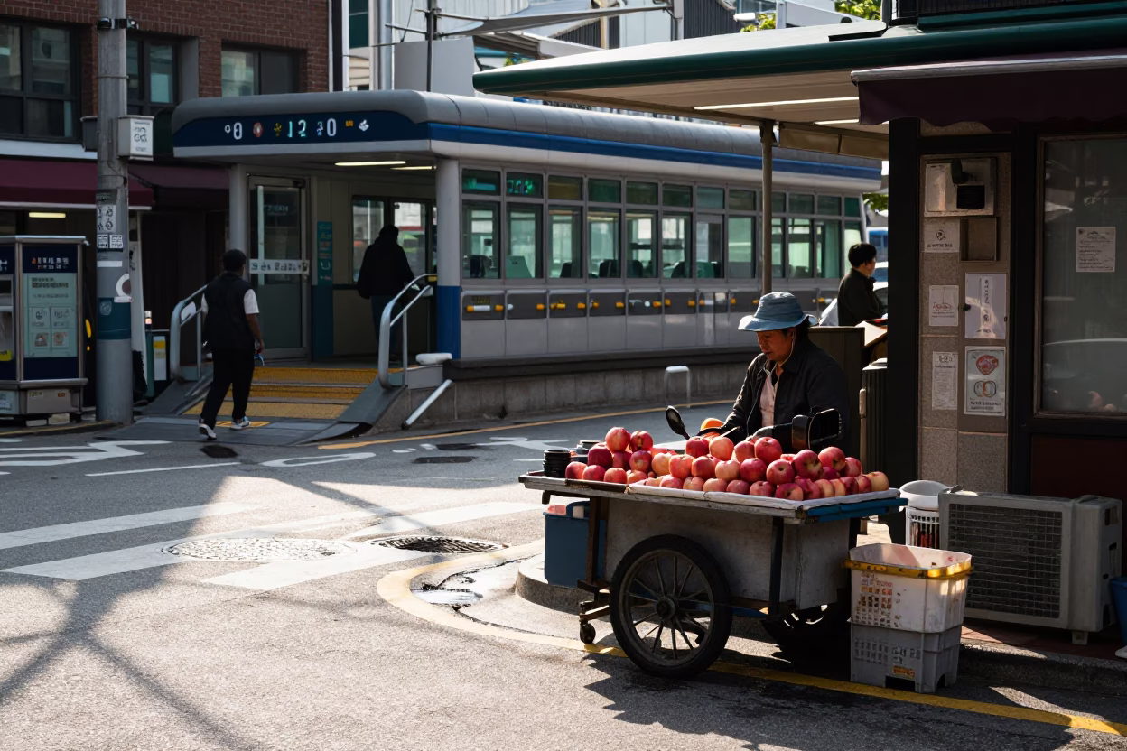 Street Corner in Seoul at The Late Morning Light in in Seoul, South Korea