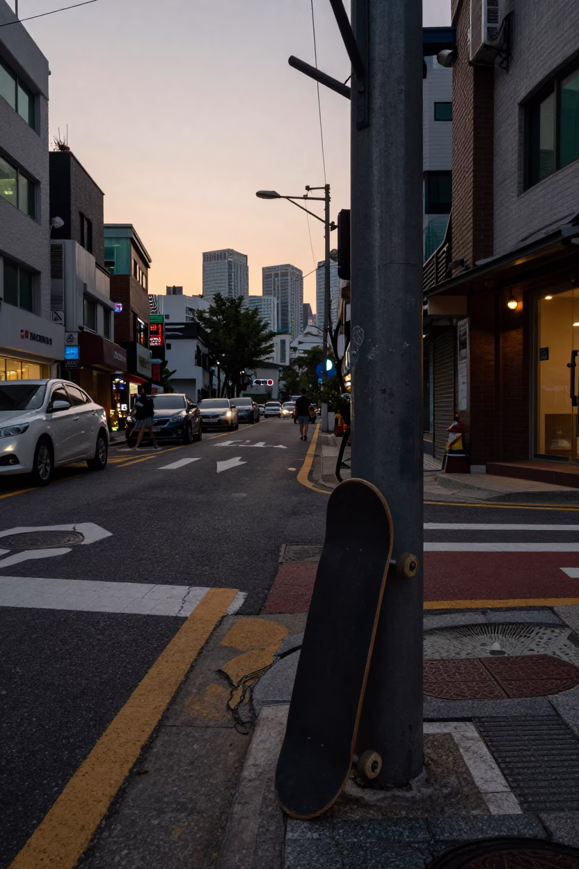 Street Corner in Seoul at The Still Hours Before Dawn Light in in Seoul, South Korea