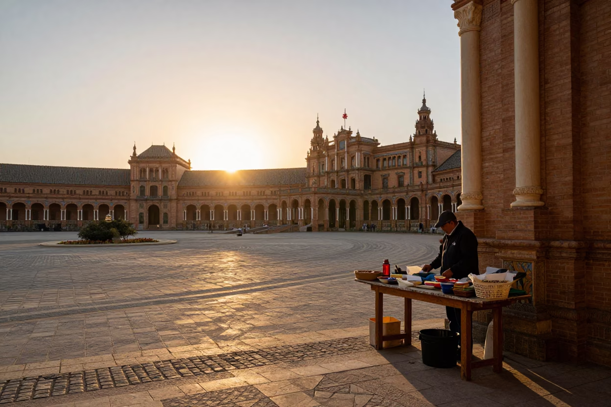 Street Corner in Seville at As The Sun Drops Toward The Horizon in in Seville, Spain