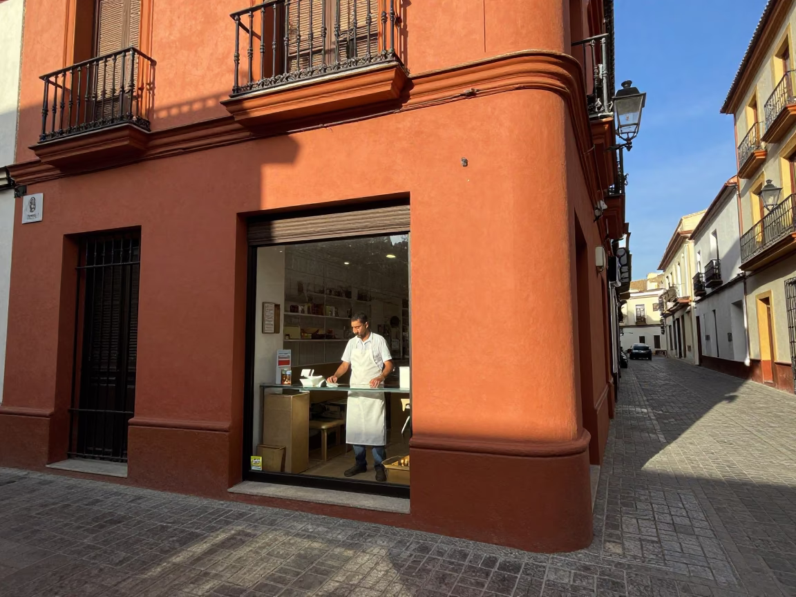 Street Corner in Seville at Clear Late-afternoon Light in in Seville, Spain