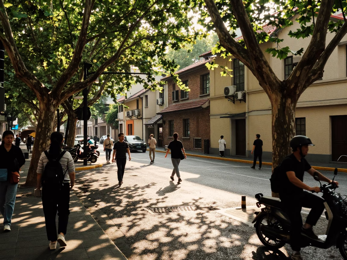Street Corner in Shanghai at The Early Afternoon Light in in Shanghai, China