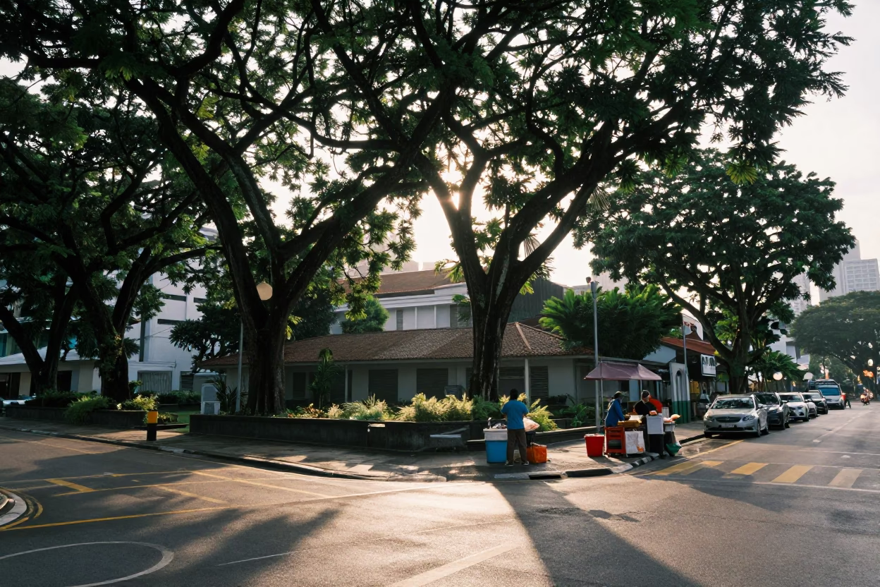 Street Corner in Singapore at First Light Of Dawn in in Singapore, Singapore