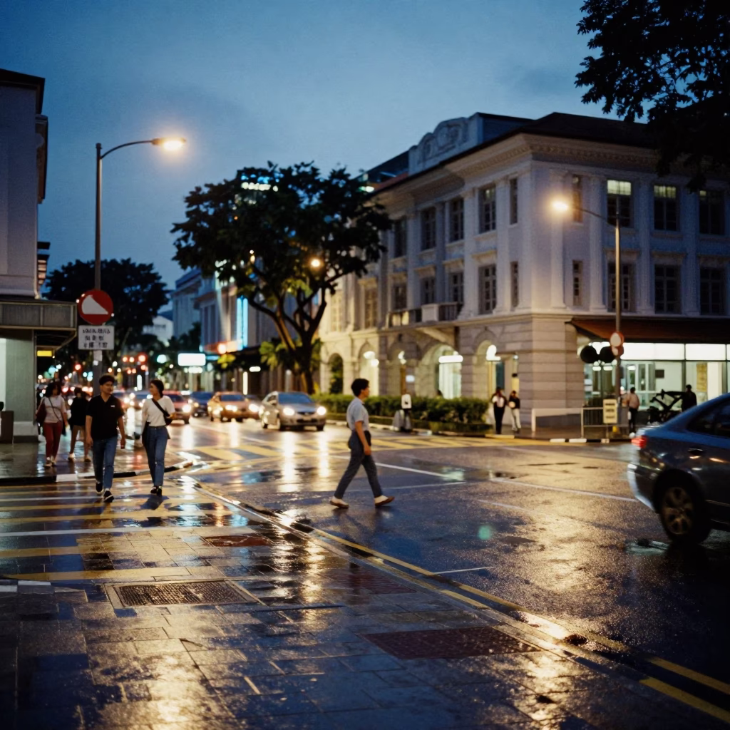 Street Corner in Singapore at Indigo Twilight After Sunset in in Singapore, Singapore