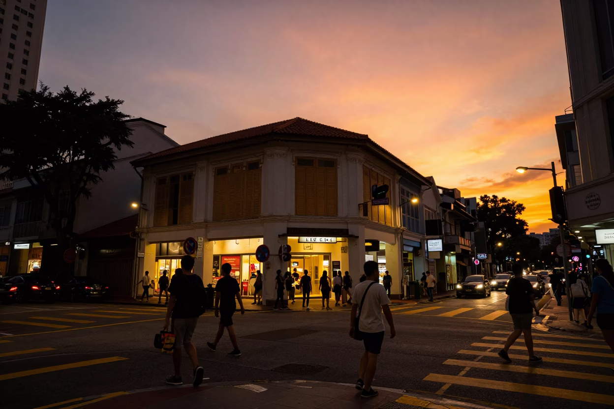 Street Corner in Singapore at Sunset Light in in Singapore, Singapore