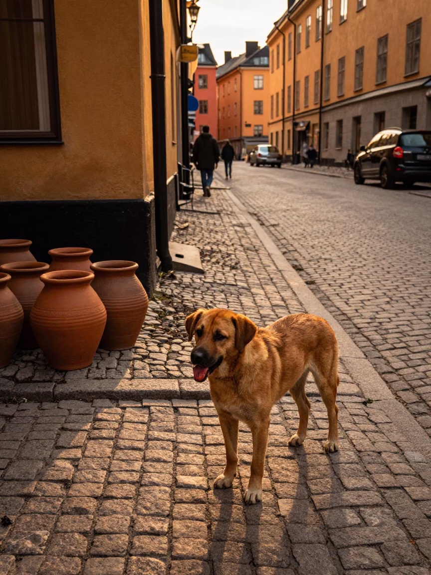 Street Corner in Stockholm at Honeyed Evening Light in in Stockholm, Sweden