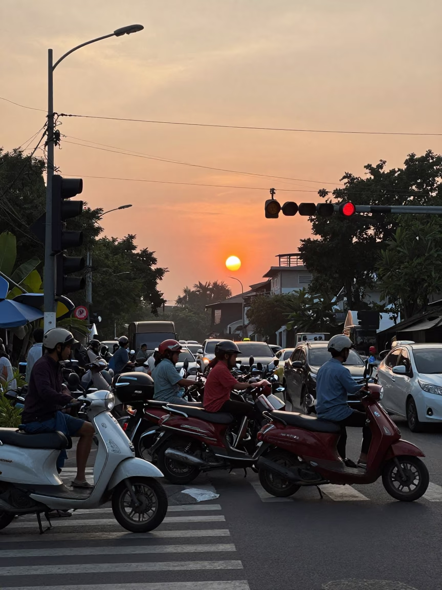 Street Corner in Surabaya at As The Sun Drops Toward The Horizon in in Surabaya, Indonesia