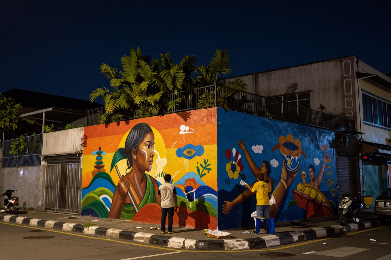 Street Corner in Surabaya at The Deepest Night Sky Light in in Surabaya, Indonesia