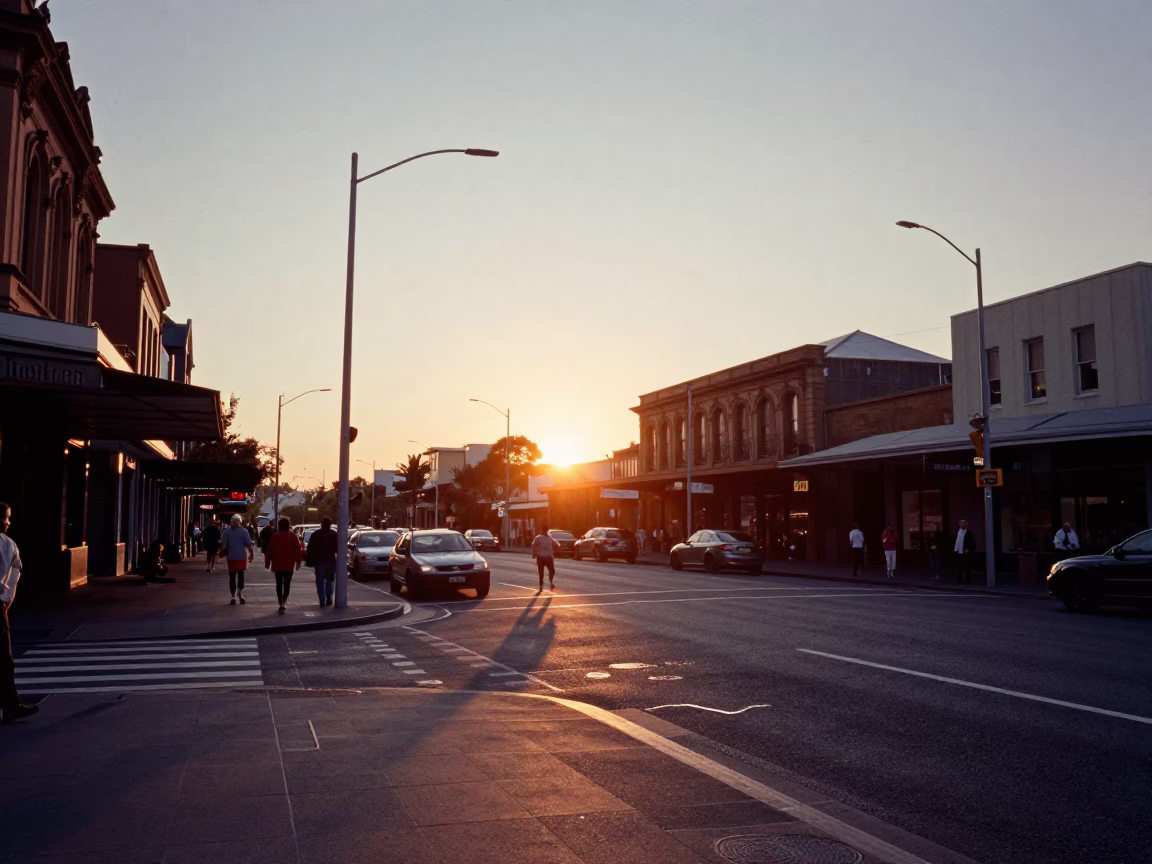 Street Corner in Sydney at As The Sun Drops Toward The Horizon in in Sydney, New South Wales, Australia