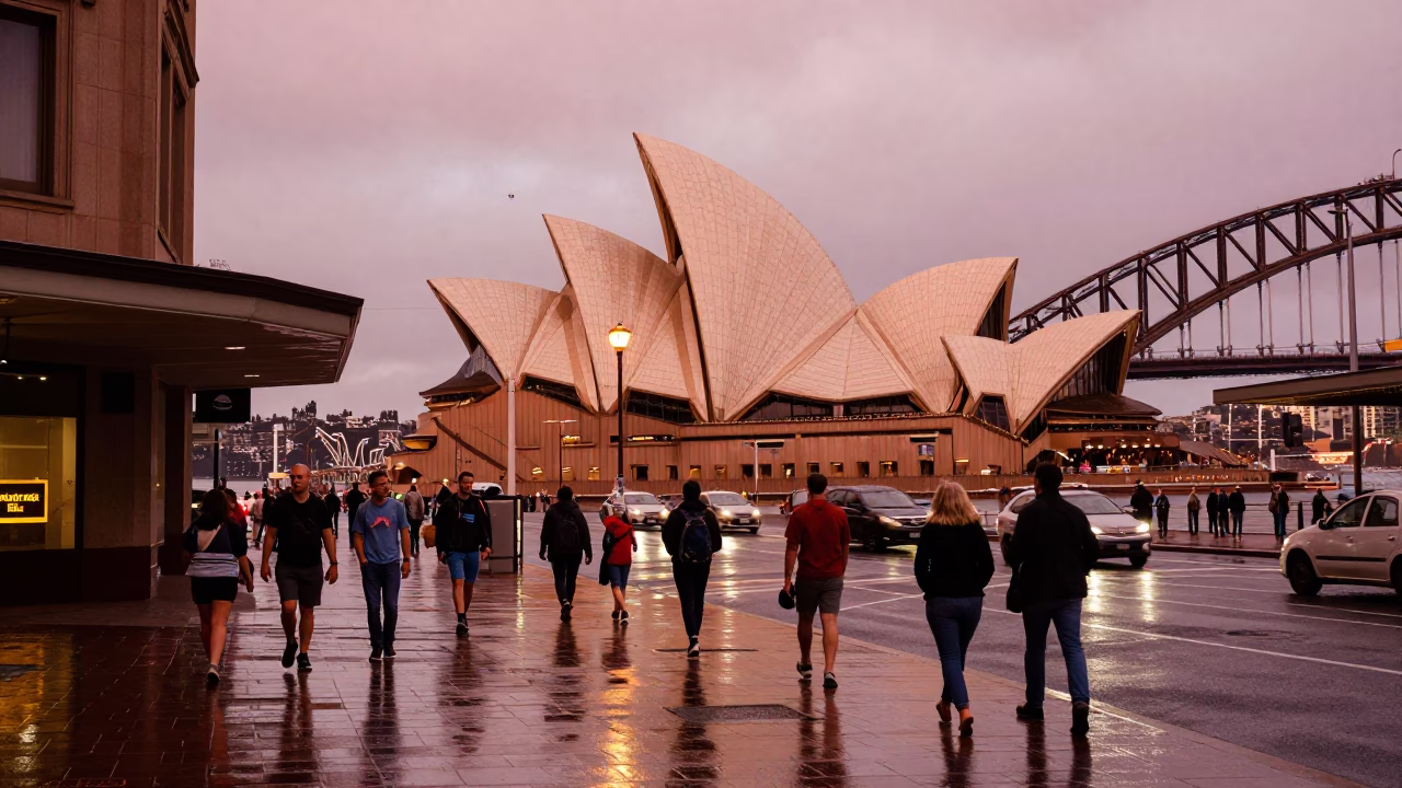 Street Corner in Sydney at Copper-toned Light Before Dusk in in Sydney, New South Wales, Australia