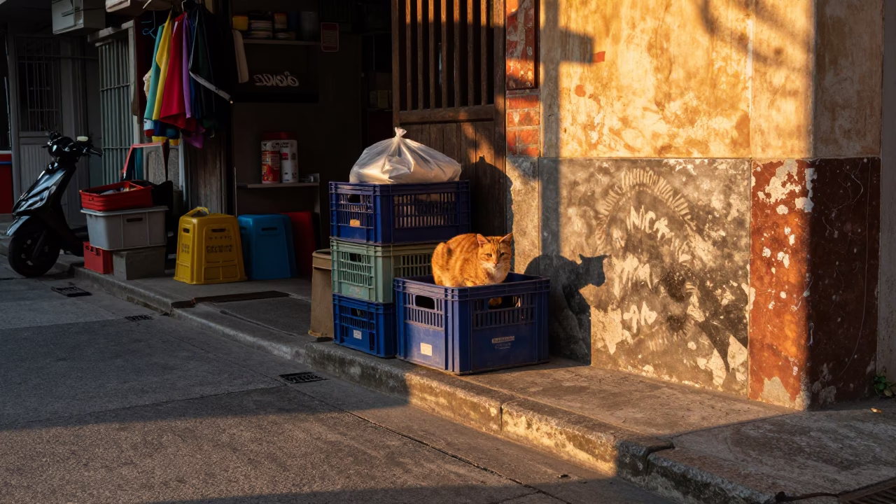 Street Corner in Tainan at As The Sun Drops Toward The Horizon in in Tainan, Taiwan