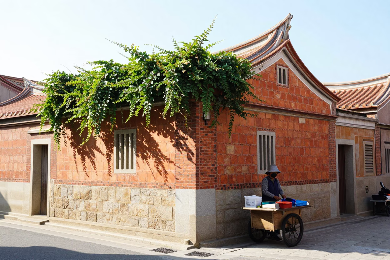 Street Corner in Tainan at Bright Midmorning Light in in Tainan, Taiwan