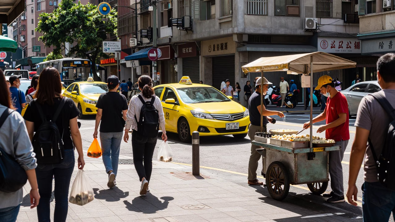 Street Corner in Taipei at Bright Midmorning Light in in Taipei, Taiwan