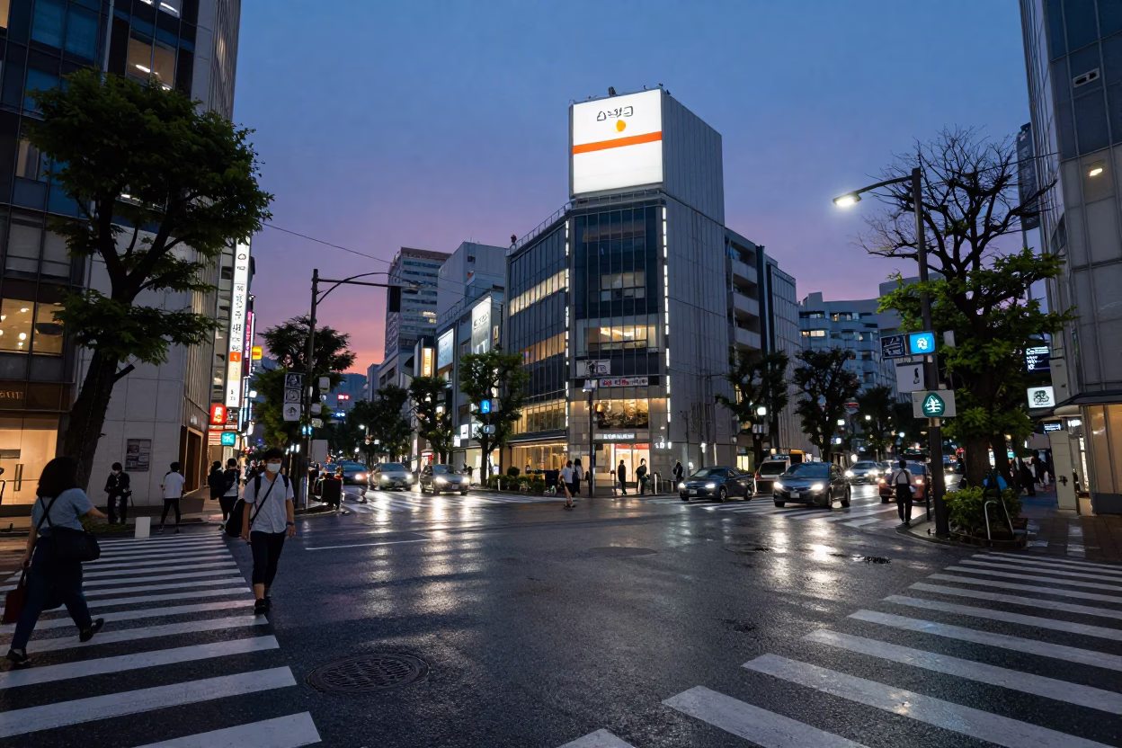 Street Corner in Tokyo at Indigo Twilight After Sunset in in Tokyo, Japan