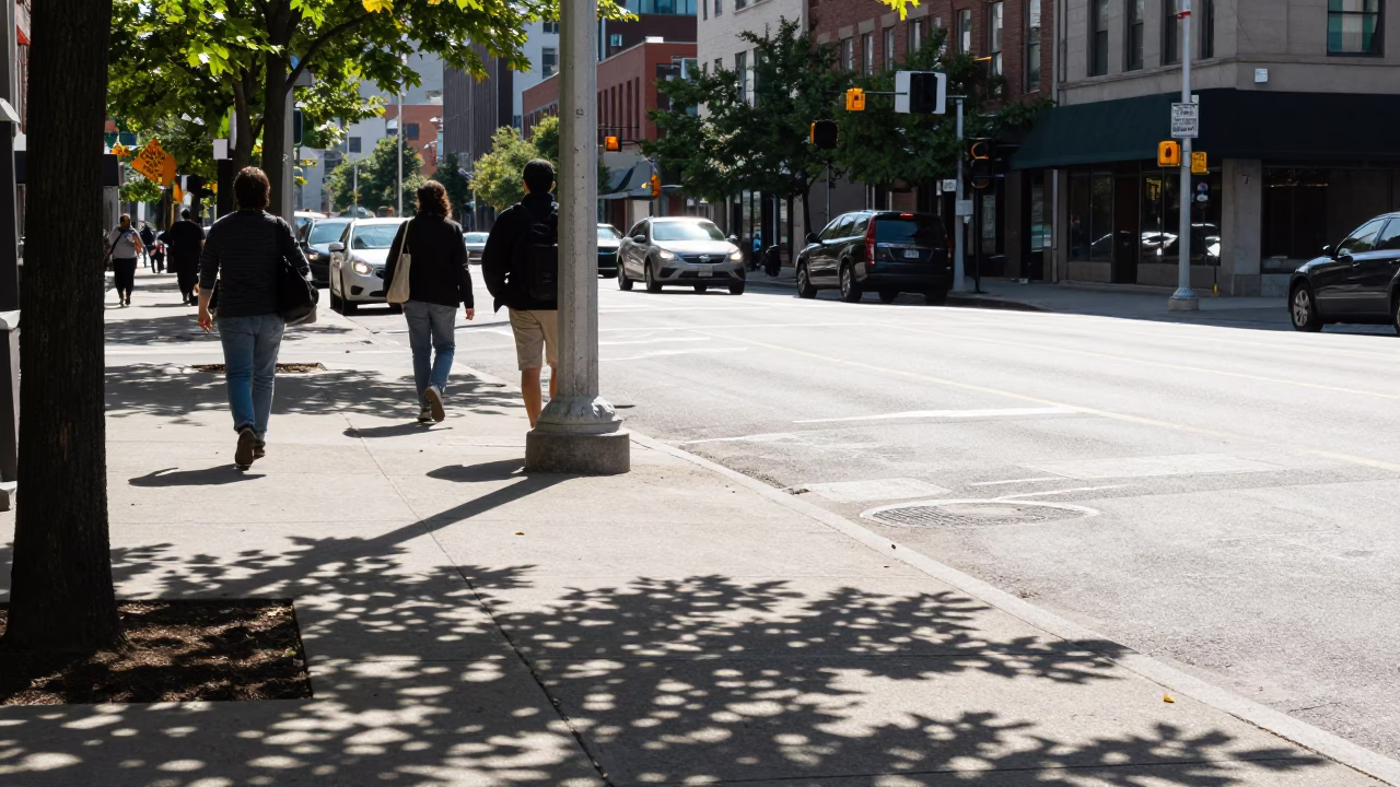 Street Corner in Toronto at The Flat Glare Of Noon Light in in Toronto, Ontario, Canada