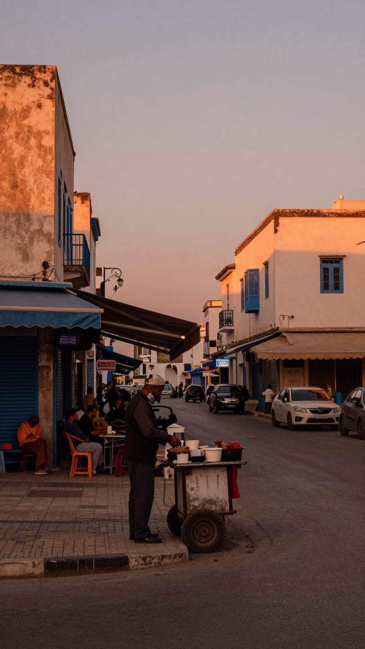 Street Corner in Tunis at Copper-toned Light Before Dusk in in Tunis, Tunisia