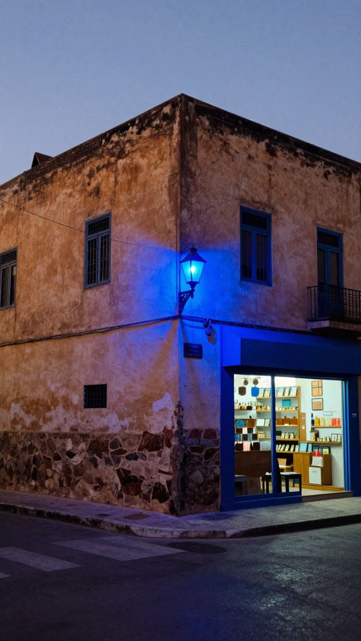 Street Corner in Tunis at The Last Blue Light Of Evening in in Tunis, Tunisia
