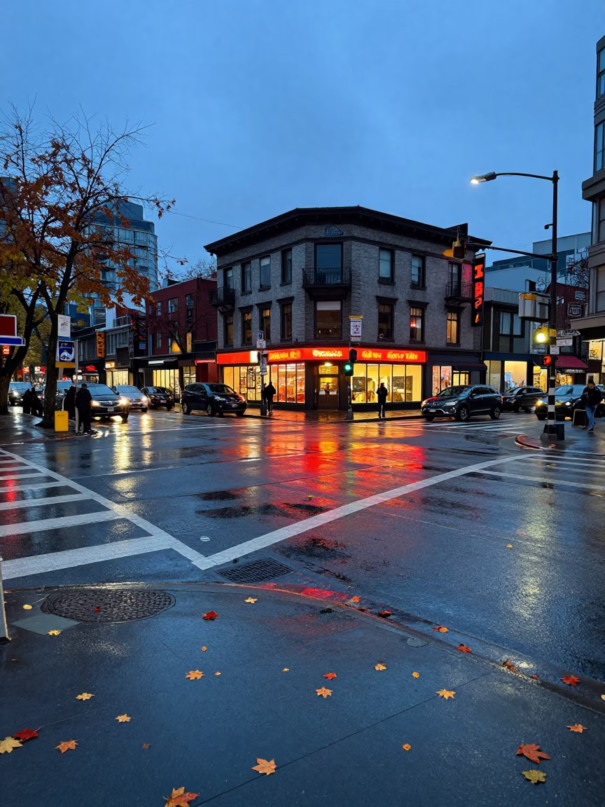 Street Corner in Vancouver at Blue Hour in in Vancouver, British Columbia, Canada