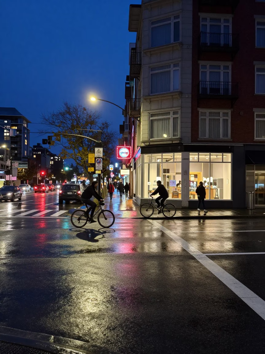 Street Corner in Vancouver at Midnight Light in in Vancouver, British Columbia, Canada