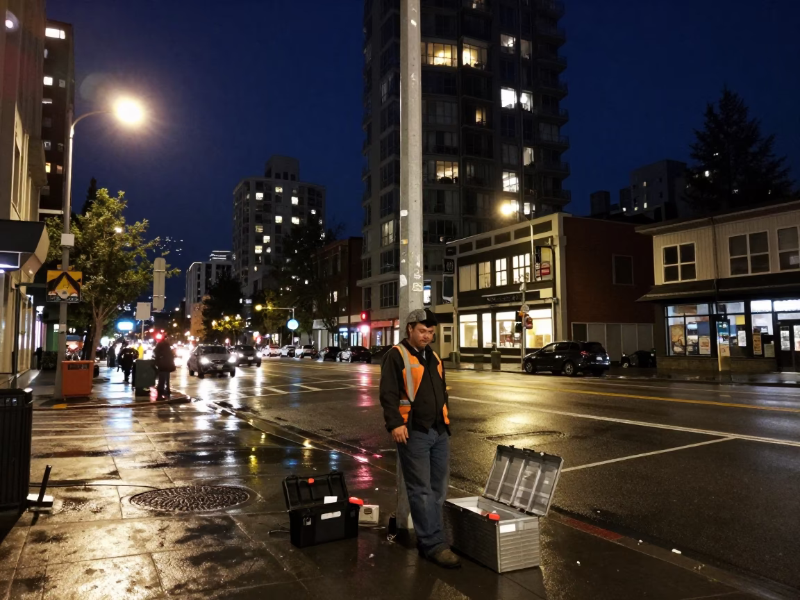 Street Corner in Vancouver at The Deepest Night Sky Light in in Vancouver, British Columbia, Canada