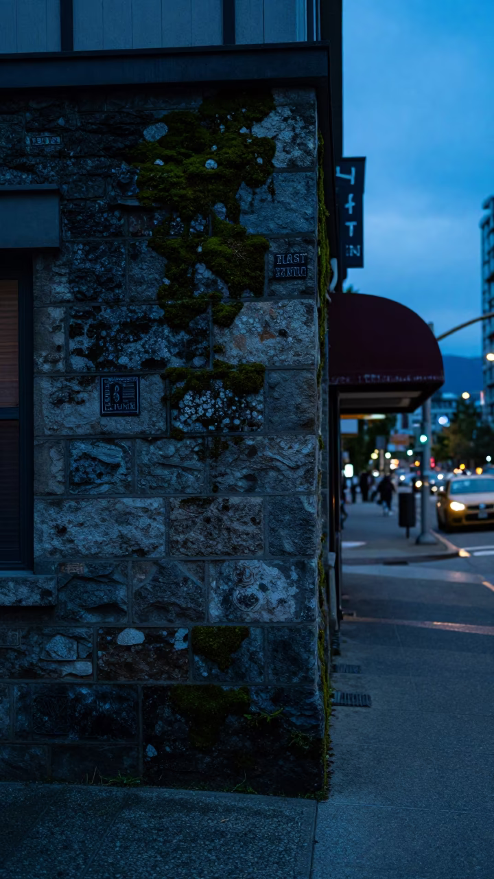 Street Corner in Vancouver at The Last Blue Light Of Evening in in Vancouver, British Columbia, Canada